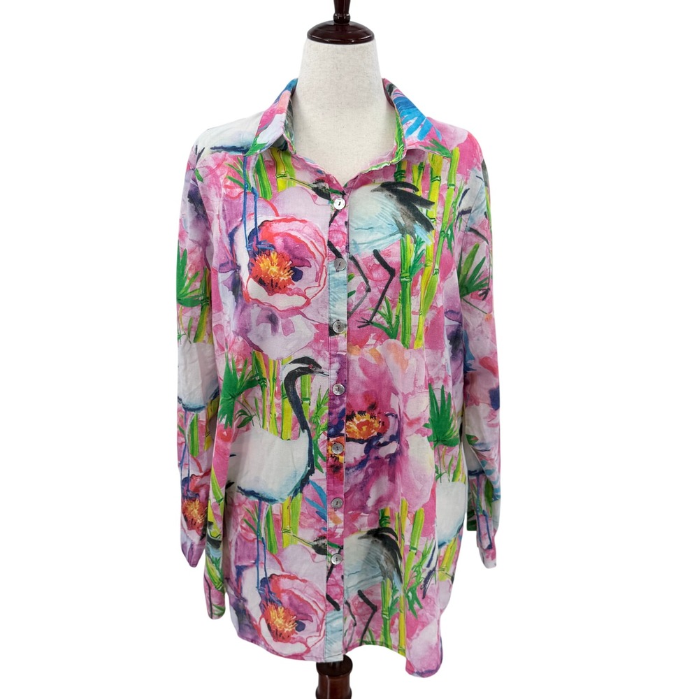 Soft Surroundings Pink Floral Crane Bamboo Cotton Button Down Shirt 1X 5AL98